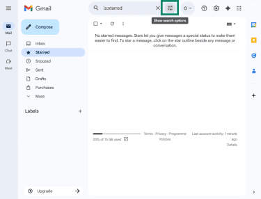 Gmail web app with email search options highlighted
