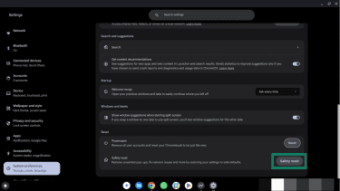 Reset button in ChromeOS's system preferences menu