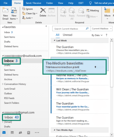 "Inbox" options highlighted for both the Outlook and Gmail email addresses, and an email from the Outlook address.