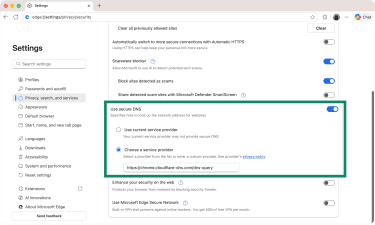 Edge's settings for enabling secure DNS connections and picking a custom DNS provider.
