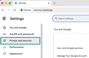 The Privacy and Security option highlighted in Chrome's main Settings screen.