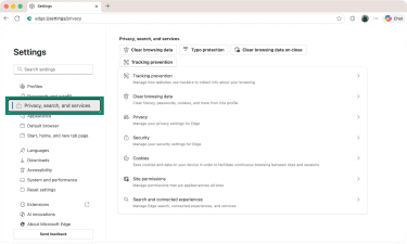 Privacy, search, and services group of options in Edge's main settings window.