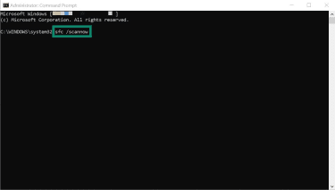 The Windows 11 Command Prompt app. The command for enabling an SFC utility scan is typed in.