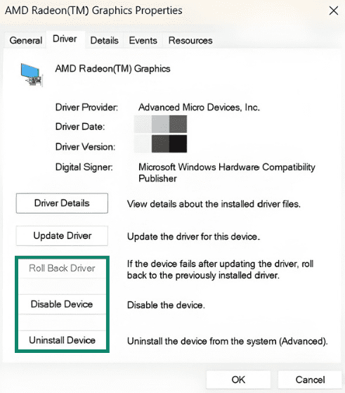 The Driver tab in the Properties window for a display adapter on the Windows 11 Device Manager app. The buttons for rolling back drivers, disabling a device, or uninstalling a device are highlighted.