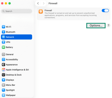 Options button in Firewall under Network in macOS settings.