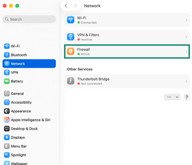 Firewall option in macOS Network settings.