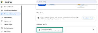 The Chrome privacy and security page is open and the Delete browsing data option is highlighted.