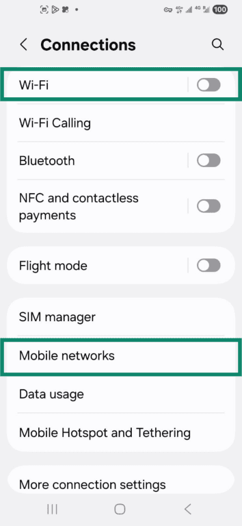 Wi-Fi toggle off and Mobile networks highlighted in Connections settings on Android