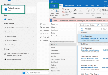 Outlook Classic app and "File" option highlighted in Outlook app.