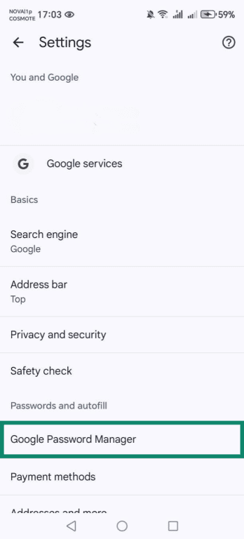 Android device with Chrome Settings open and Google Password Manager highlighted.