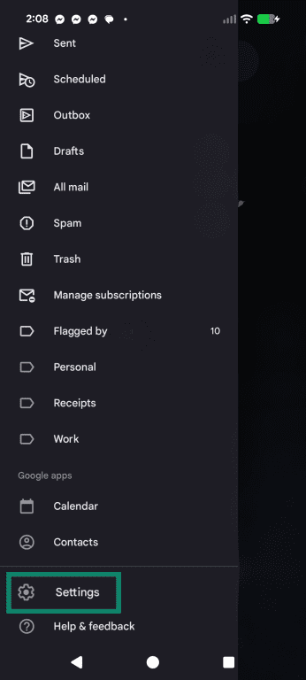 The Gmail app opened to the menu, highlighting Settings.