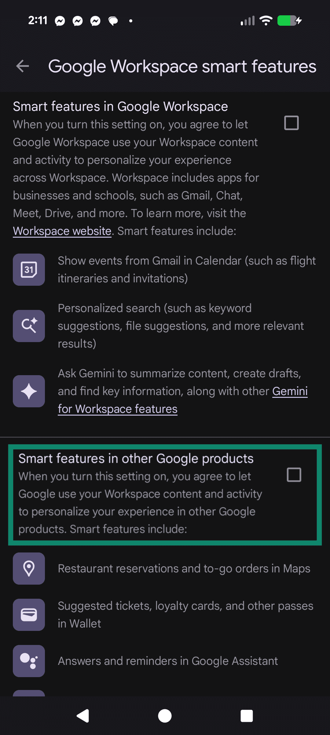 The menu to disable Google Workshop features highlighting the option to disable smart features across Google products.