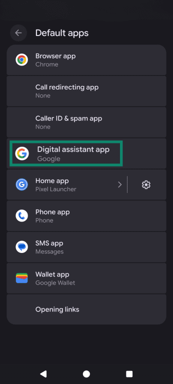 The Android default apps menu, highlighting the Digital assistant app option.