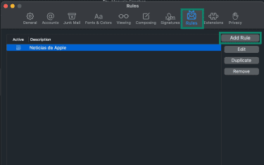 Apple Mail Settings window showing the Rules section.