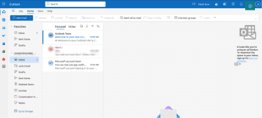 Outlook inbox with Settings gear icon highlighted in the top-right corner.