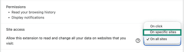 The Chrome extension permissions and site access.