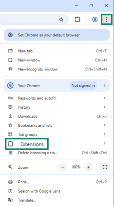 "Extensions" option highlighted on Google Chrome.