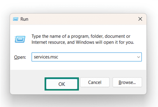The Windows Run window, showing the services.msc command.