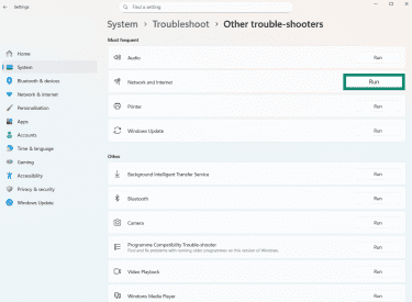 The Other trouble-shooters menu in Windows Setting, showing the button to run the network and internet troubleshooter.