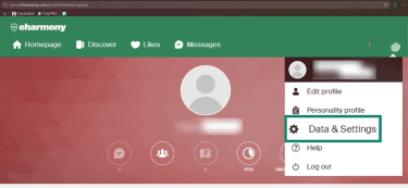 Profile icon and "Data & Settings" option highlighted on the eHarmony desktop site.
