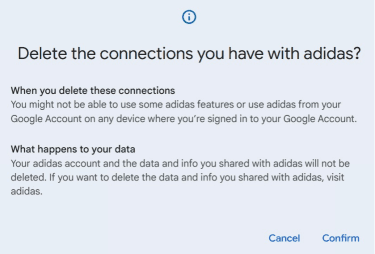 Google account dashboard confirmation popup to delete connections with a third-party service.