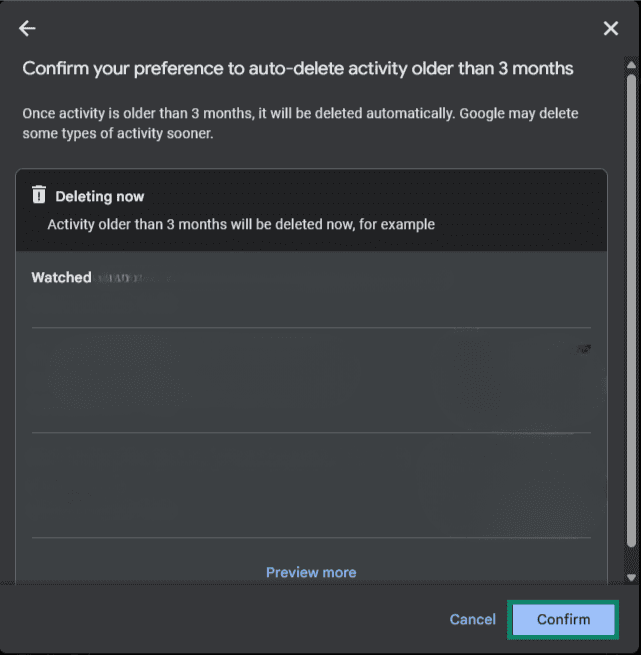 YouTube History popup confirmation message detailing the deletion of older activity