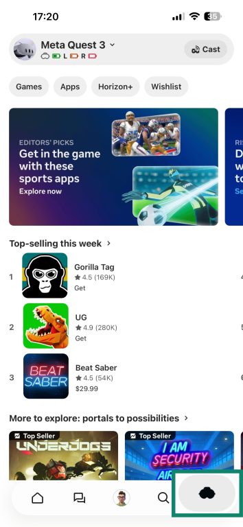 Tap the headset icon in the Horizon app to access the Quest settings.