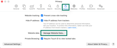 Safari Settings Privacy tab with Manage Website Data button