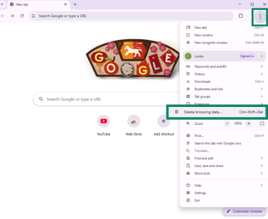 Google Chrome open on Windows PC with settings dropdown menu open and Delete browsing data highlighted