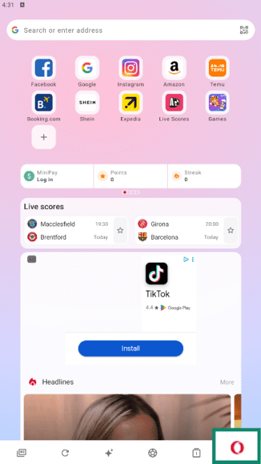 Opera open on Android with "O" Opera icon highlighted