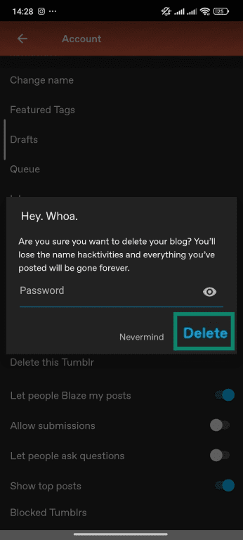 Provide your Tumblr password to confirm that you want to delete a secondary blog