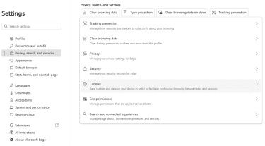 Edge browser Privacy, search, and services tab with Cookies settings highlighted.