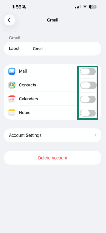 Google sync settings highlighted on an iPhone.