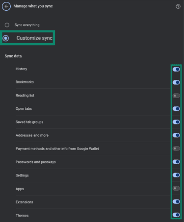 "Customize sync" button and sync options highlighted in Google Chrome.