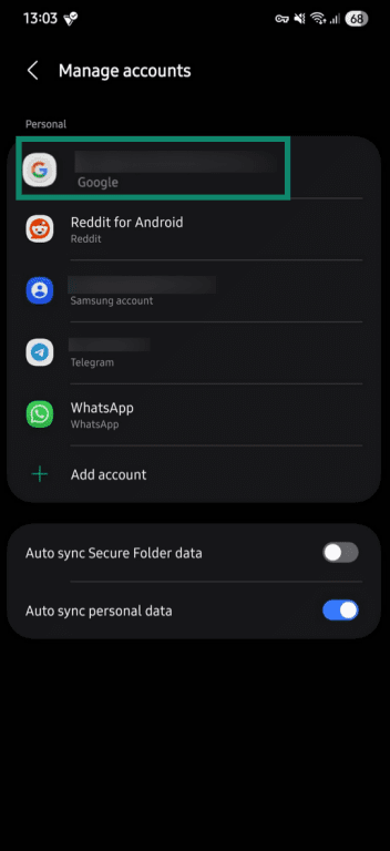 Google account highlighted in the "Manage accounts" menu on Android.
