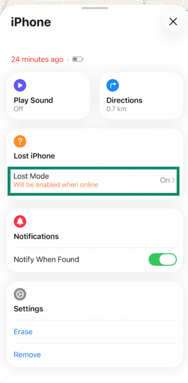 iPhone Find My app with Lost Mode button highlighted.