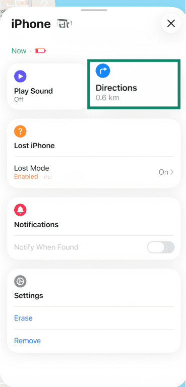 iPhone Find My app with Directions button highlighted.