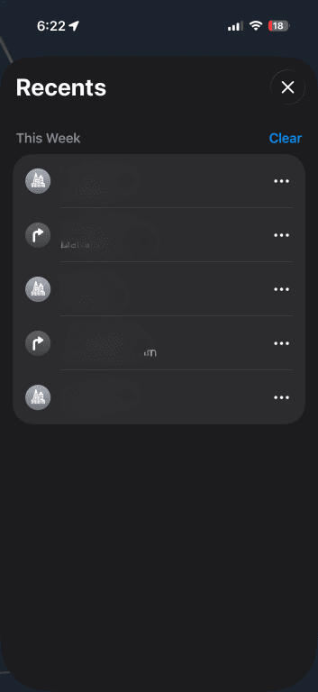 Apple Maps Recents panel with Clear option visible