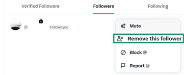 In the X follower section, the menu next to a user's name is open and the Remove this follower option is highlighted.