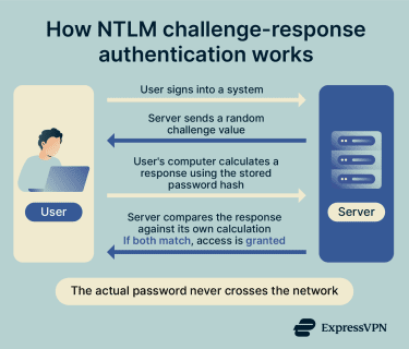 Flow diagram showing how NTLM authenticates a user through a challenge-response exchange between client and server