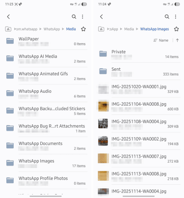 WhatsApp media folders with sent and received files.