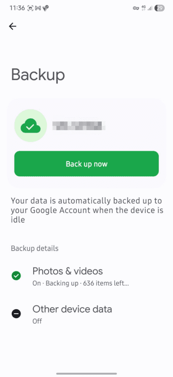 Photo and video backup enabled on Google Drive.