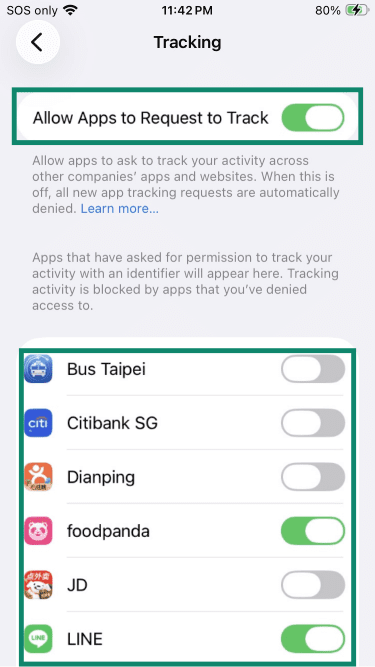 iPhone Tracking settings.
