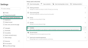 Edge browser Privacy, search, and services tab with Cookies settings highlighted.