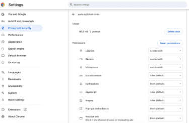Chrome browser site menu showing the Site settings option.