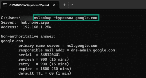 Looking up State of Authority record using nslookup.