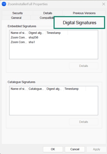 Installer Properties window open to Digital Signatures with an embedded signature listed.