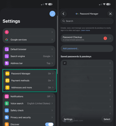 Chrome autofill settings menu on its iOS app.