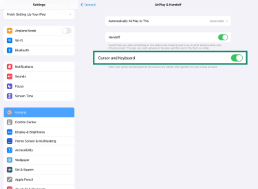 Enabled Cursor and Keyboard feature in the iPad Settings' AirPlay & Handoff window.