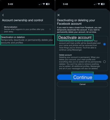 Option to deactivate Facebook account in settings.